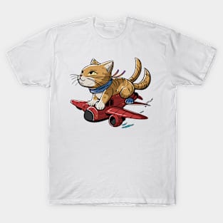 Brown Cute Cat Riding Plane Adventure T-Shirt